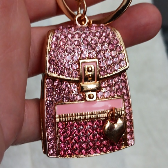 COPY - Pink and Gold Rhinestone Backpack Keychain with Heart Charm - Picture 3 of 6